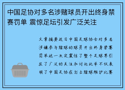 中国足协对多名涉赌球员开出终身禁赛罚单 震惊足坛引发广泛关注 中国足协对多名涉赌球员开出终身禁赛罚单 震惊足坛引发广泛关注