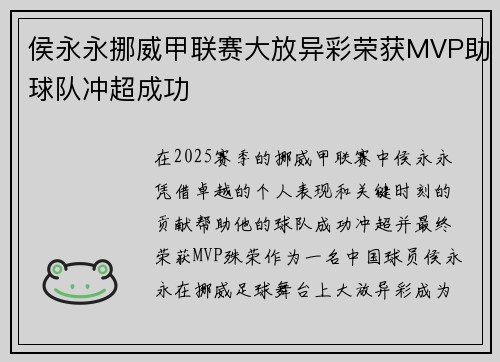 侯永永挪威甲联赛大放异彩荣获MVP助球队冲超成功